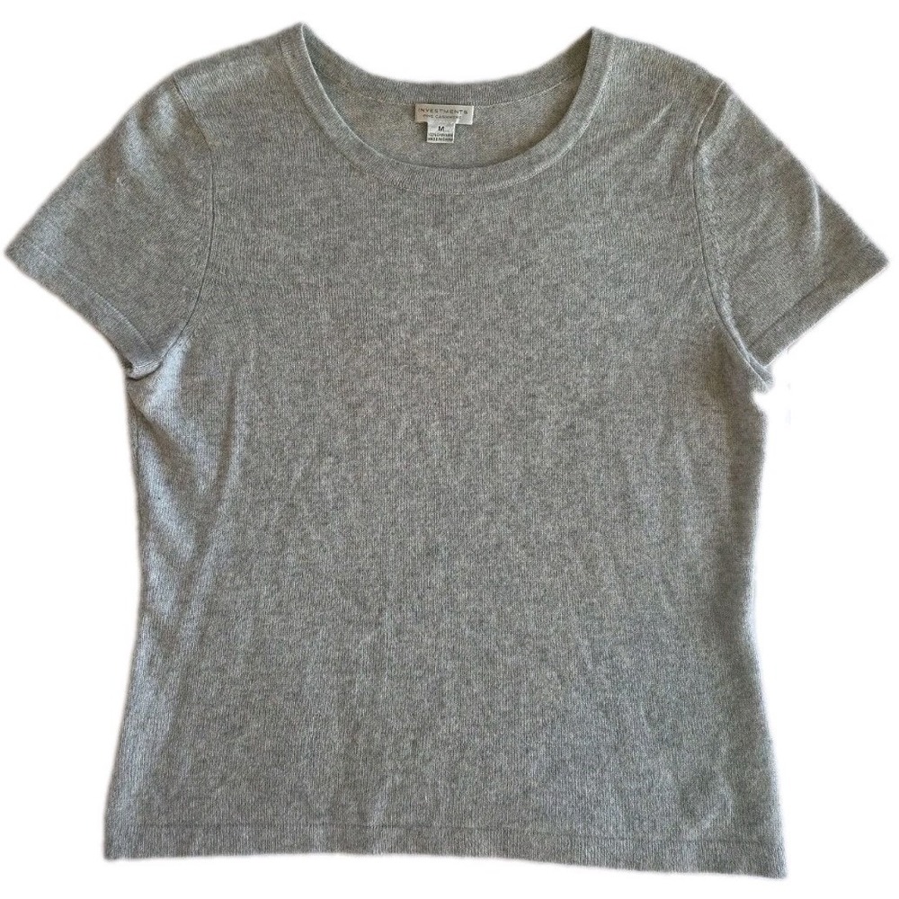 Fine Cashmere Luxury Sweater Gray Short Sleeve Chic Minimalist Womens Size M